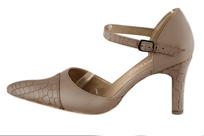 Tan beige women's open side shoes, with an instep strap. Tapered toe. Very high kitten heels. Profile view - Florence KOOIJMAN